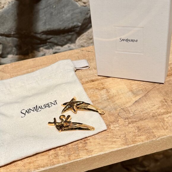 Saint Laurent Gold-Tone YSL Cassandre Set of 2 Hair Clips - Picture 1 of 9